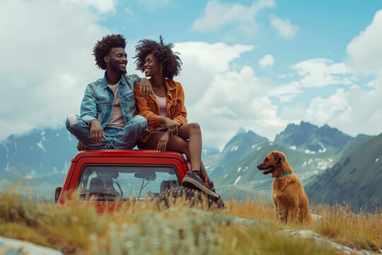 Adventurous African Couple: Summer Road Trip with Their Beloved Dog Through Mountain Landscapes