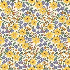 Seamless floral pattern, liberty ditsy print in vintage motif. Simple elegant botanical design: small yellow flowers, tiny leaves, hand drawn wild meadow. Abstract flower ornament. Vector illustration