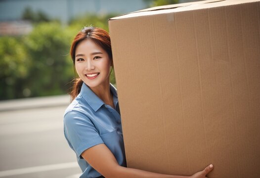 A smiling female courier delivering a box of fresh groceries. Residential setting with a home in the background.