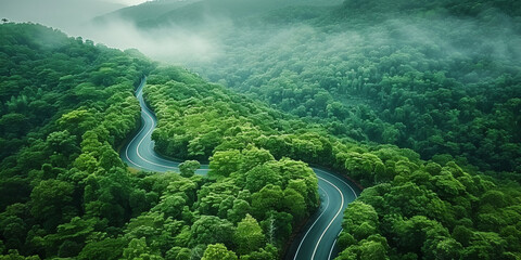  Aerial view of   road on green forest background