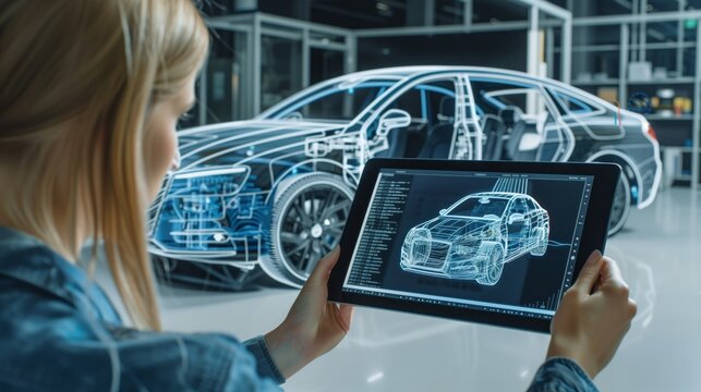 A car designer uses a tablet with augmented reality to design and improve a car. They can see a 3D model of the car