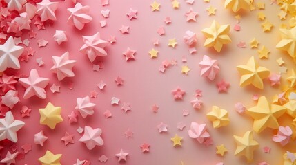 split background in pastel shades of rose pink and pale yellow, accented by whimsical star-shaped light elements.