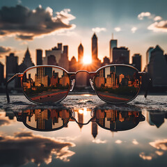 Reflection of a city skyline in a pair of sunglass