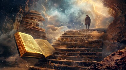 A man climbs the staircase leading towards an open book. - obrazy, fototapety, plakaty