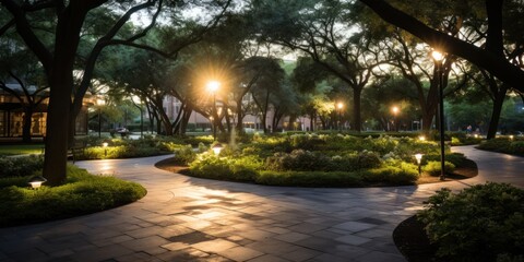 Obraz premium Tree-Lined Walkway Illuminated by Lights in Urban Park Generative AI