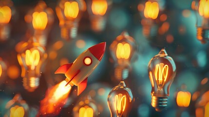 A creative idea represented as a rocket-shaped lightbulb flying towards a group of other lightbulbs. This symbolizes a business or individual's ambitious pursuit of success through innovative thinking - obrazy, fototapety, plakaty