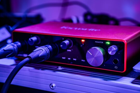 Closeup shot of the audio interface with 2 XLR cables.