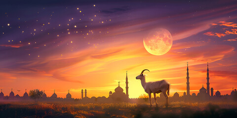  Mosque with sheep,  crescent moon and stars at night in the desert animated - obrazy, fototapety, plakaty
