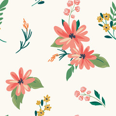 Seamless floral pattern, cute ditsy print in a romantic folk motif. Pretty botanical design, fond nature ornament: pink hand drawn flowers, leaves, bouquets on a white background. Vector illustration.