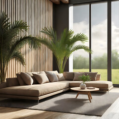 Modern interior composition with modular sofa, large carpet and decor palm tree. Big window. Generative AI.
