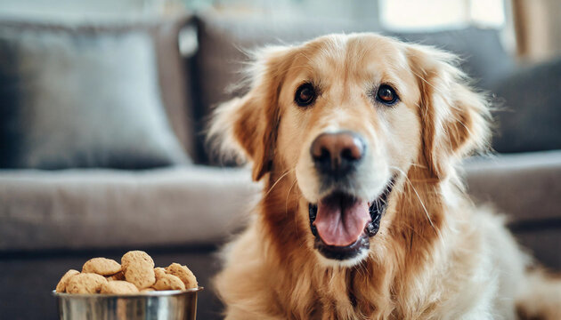 golden retriever watches eagerly as fluffy golden sits for training, emphasizing reward-based obedience