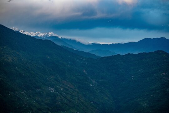 Stunning aerial view of a majestic Kanchenjunga mountain range view from pelling