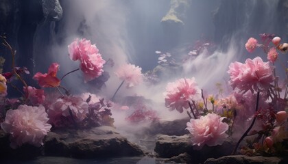 Enchanting beauty of an abstract background, as pastel pink flowers undergo a mesmerizing transformation into wisps of swirling smoke, evoking a sense of mystery and wonder. - obrazy, fototapety, plakaty