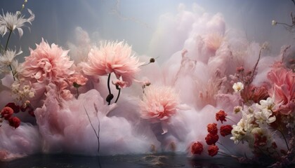 Enchanting beauty of an abstract background, as pastel pink flowers undergo a mesmerizing transformation into wisps of swirling smoke, evoking a sense of mystery and wonder.