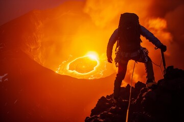 climber reaching summit with glowing volcanic crater in background - obrazy, fototapety, plakaty