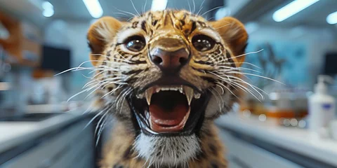 Fototapeten Adorable Baby Leopards Playful Roar Captured In Veterinary Clinic Banner © Алинка Пад