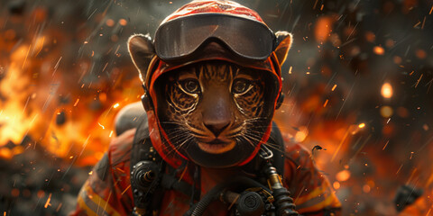 Fierce Tiger-Headed Firefighter Braving the Inferno: Inspirational Banner Image - obrazy, fototapety, plakaty