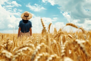 Naklejka na ściany i meble woman in hat walking through tall wheat field