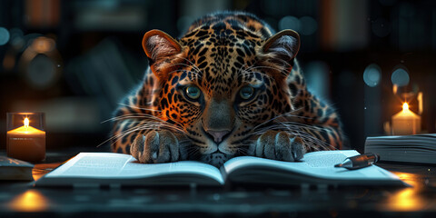 Enigmatic Leopard Intensely Studying in a Dimly Lit Room with Candles - Banner