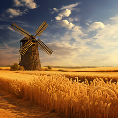 Rustic windmill in a golden wheat field. - obrazy, fototapety, plakaty