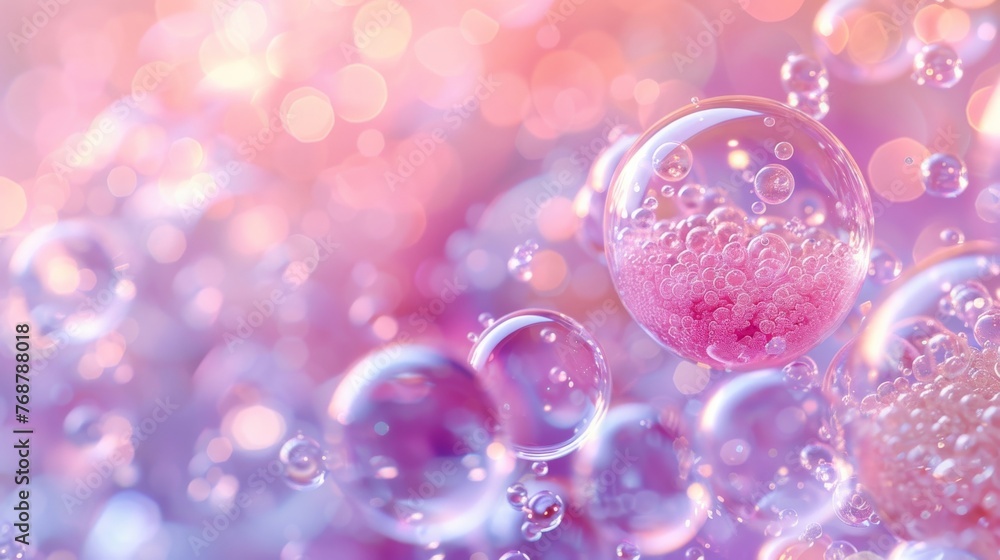 Poster split background with soft pink and lavender tones, featuring clusters of transparent bubbles floati
