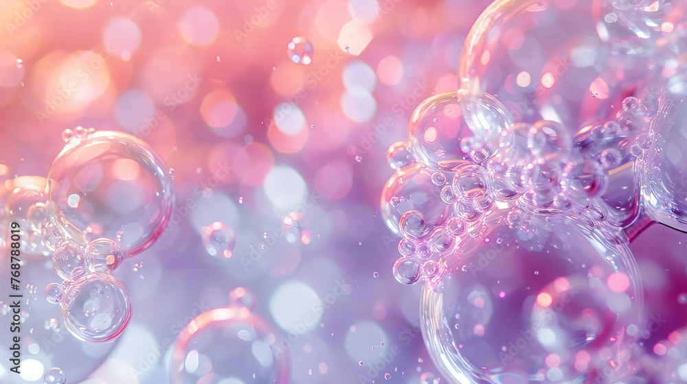 Poster split background with soft pink and lavender tones, featuring clusters of transparent bubbles floati