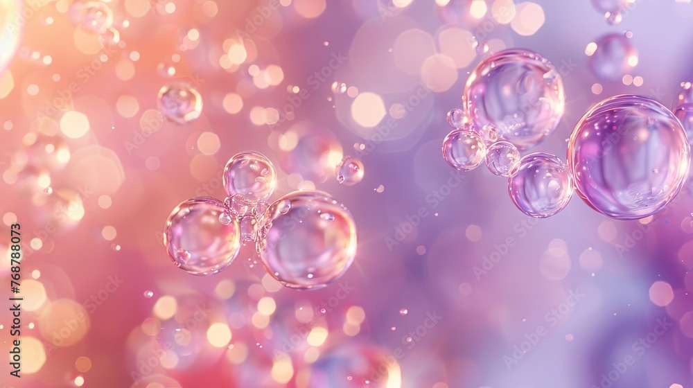 Poster split background with soft pink and lavender tones, featuring clusters of transparent bubbles floati