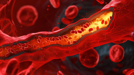 red blood cells flowing through vein, Clogged arteries on scientific background. 
