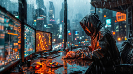 A hacker in a hoodie is sitting at a table in the rain and looking at the big city.