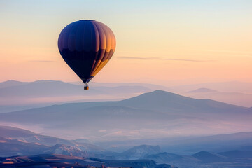 Single Hot Air Balloon Floating in the Dawn Sky: Contrasting with Distant Mountains, Symbolizing Adventure and Freedom