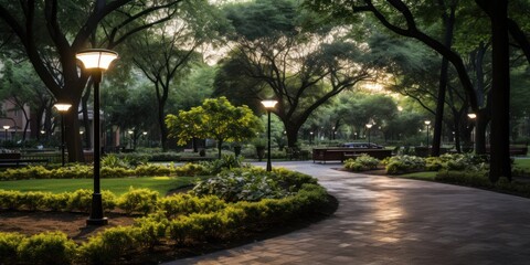 Fototapeta premium Lush Park With Trees and Benches Generative AI