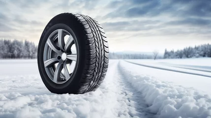 Fotobehang Close-Up of Car Tire on a Snow-Covered Road in Winter © heroimage.io