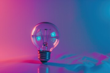 Light bulb for inspiration, future, solutions, neon colors, space for text.