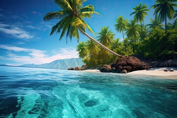 Beautiful tropical island with palm trees and turquoise transparent water.