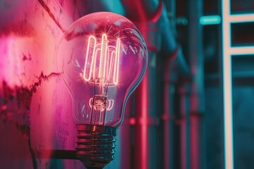 Light bulb for inspiration, future, solutions, neon colors, space for text. - obrazy, fototapety, plakaty