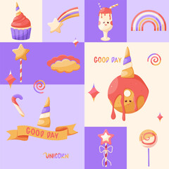 Naklejka premium colorful holiday illustration in unicorn colors seamless geometric pattern