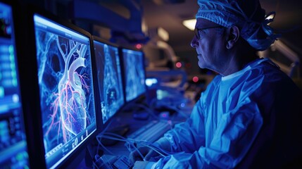 An angiogram procedure illuminated by a focused beam of light, revealing the hearts intricate vessels