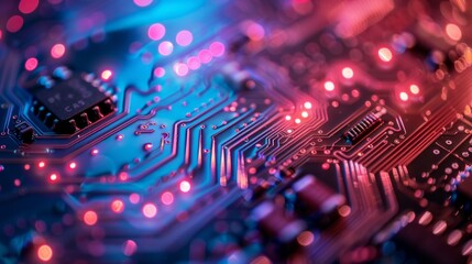 Obraz premium Advanced Technology Concept Visualization: Circuit Board CPU Processor Microchip Starting Artificial Intelligence Digitalization of Neural Networking and Cloud Computing. Digital Lines Move Data