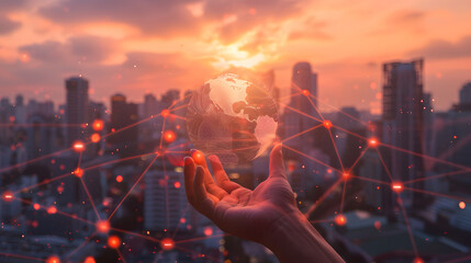 hand holding , glowing digital sphere with network connections on it against the backdrop of modern city buildings at sunset, technology background, generative ai