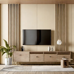 Modern interior of living room with cabinet for tv on wooden slat cream color wall backgroun. Generative AI.