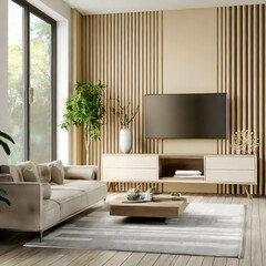 Modern interior of living room with cabinet for tv on wooden slat cream color wall backgroun. Generative AI.