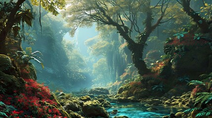 Beautiful fantasy tropical forest nature landscape. Fantasy Heavens.