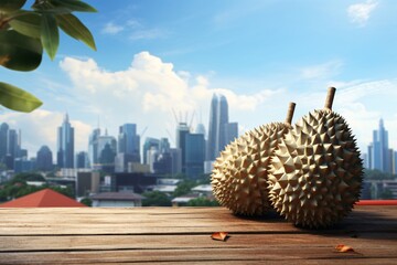 a group of durian fruit on a wood table