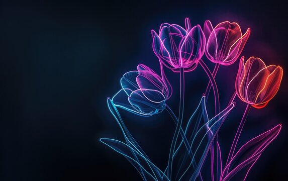 Multicolor neon light drawing, tulip flowers isolated on black background. Glowing line art. 