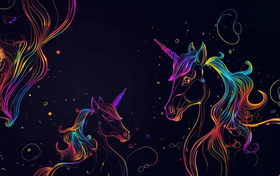 Multicolor neon light drawing, unicorns isolated on a black background. Glowing line art. Festive concept for fairytale, copy space.