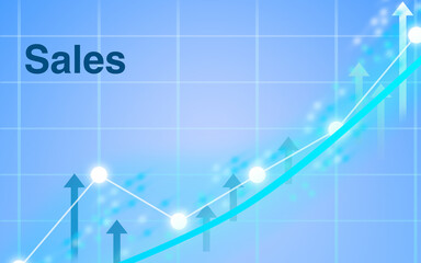 Sales lettering - blue business graph shows growth and success with arrows and dots, growth, success, economy, earnings, revenue, EBITDA, margin, income, diagram, arrow, businessman