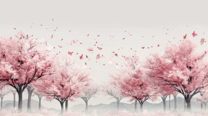 Delicate Cherry Blossoms: Depict sparse cherry blossom trees with delicate, blush-pink petals gently falling.