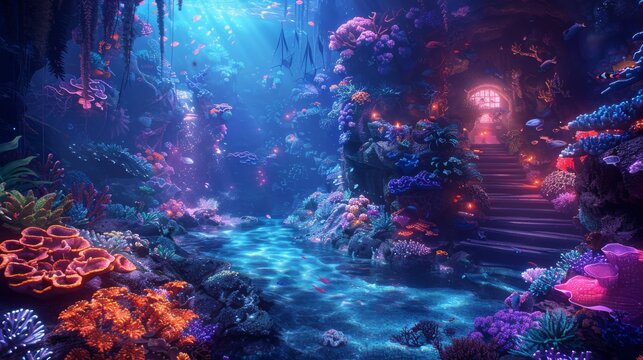fantastical underwater world inhabited by colorful coral reefs, exotic sea creatures, and ancient shipwrecks.