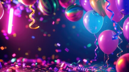 Neon birthday party background with copy space.