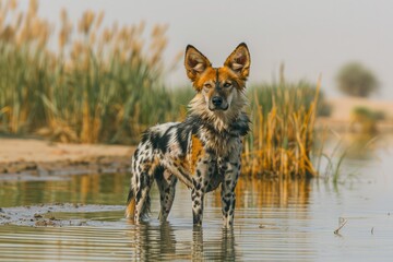 Naklejka na ściany i meble African Wild Dog Standing in Shallow Water with Tall Grasses in the Background